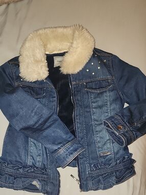 Mayoral Blue Girls Denim Jean Jacket with Cream Faux Fur Collar